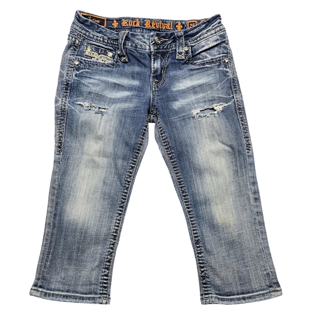Rock Revival Jeans Womens 25 Blue Sherry Easy Crop Distressed Rhinestone Pockets